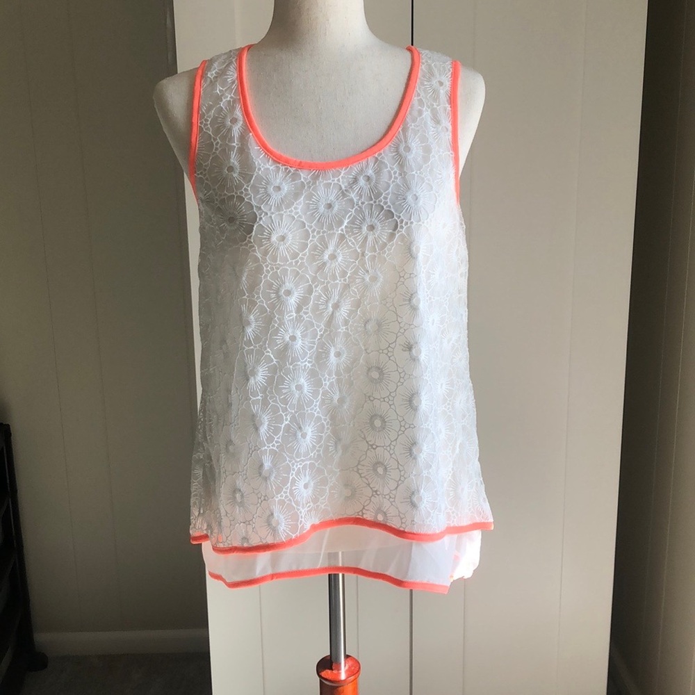 Blu Pepper White Double Layer Lace Tank Top Orange Trim NWT Sz M
